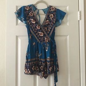 Teal tie back romper